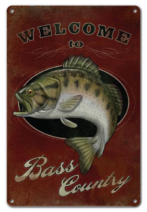 Welcome To Bass Country Fishing Vintage Style Metal Sign 12 x 18