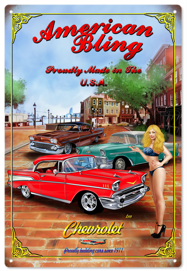 American Bling Chevrolet Pin Up Girl Vintage Style Metal Sign 12 x 18