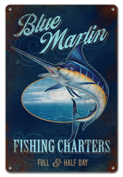 Blue Marlins Fishing Charters Vintage Style Metal Sign 12 x 18