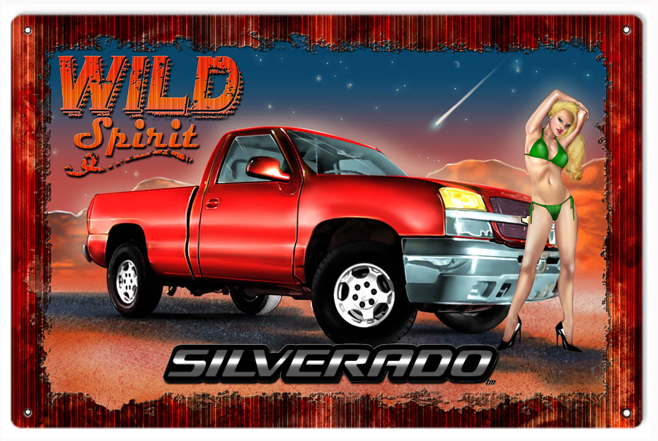 Wild Spirit Siverado Truck Pin Up Girl 12×18