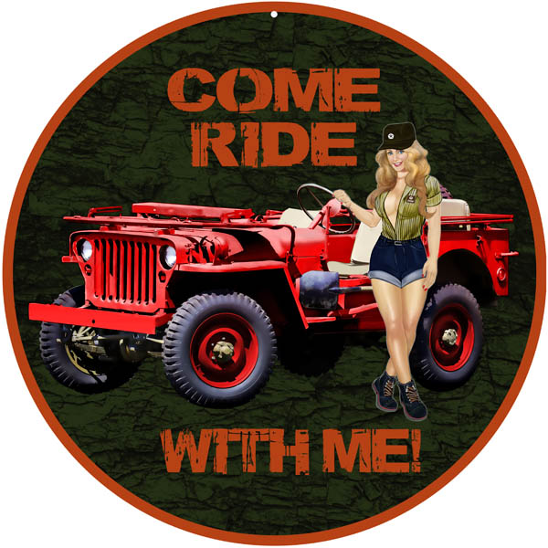 Red Ride With Me Jeep Pin Up Girl 14 x 14
