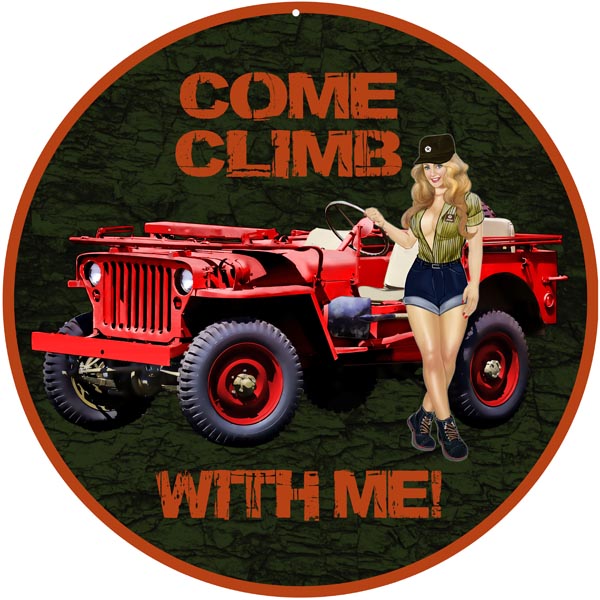 Red Climb With Me Jeep Pin Up Girl 14 x 14