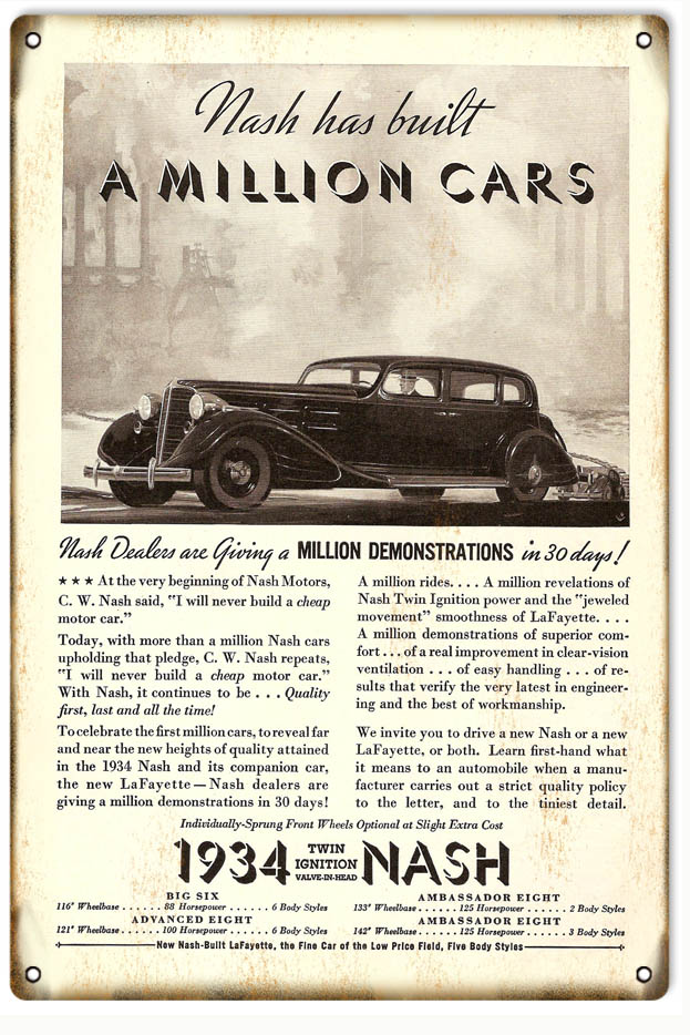 1934 Nash Vintage Style Metal Sign 12 x 18