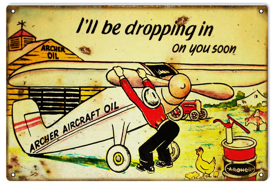 Dropping In Archer Aircraft Oil Vintage Style Metal Sign 12 x 18