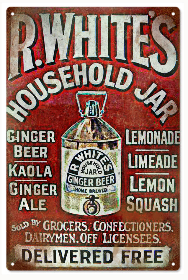 R. White Household Jar Ginger Beer Vintage Style Metal Sign 12 x 18