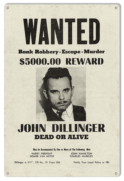 Wanted John Dillinger Dead Or Alive 12x18