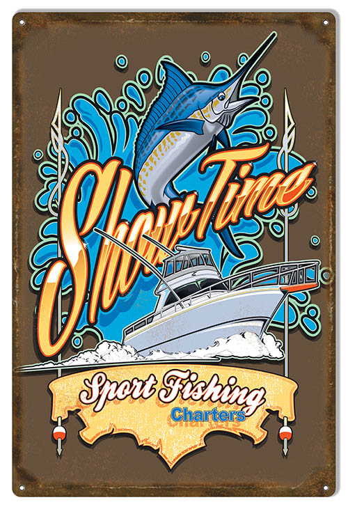Show Time Fishing Vintage Style Metal Sign 12 × 18