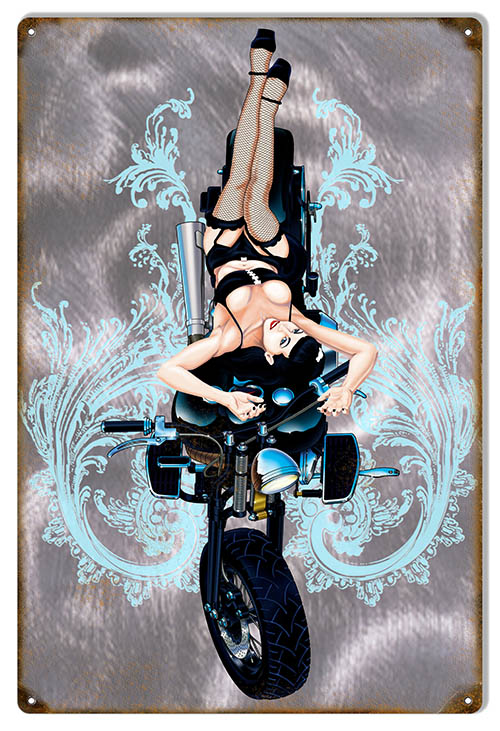 Sexy Pin Up Girl On Motorcycle Vintage Style Metal Sign 12 × 18
