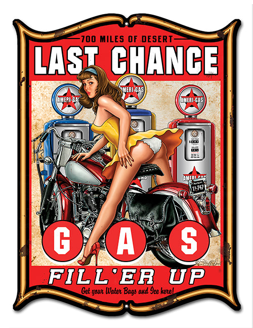 Pin Up Girl Motorcycle Last Chance Gas Vintage Style Metal Sign 14 × 18