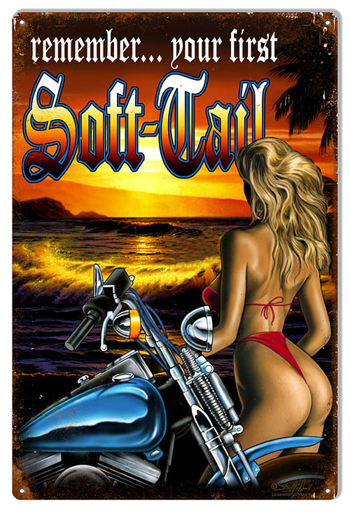 Motorcycle Pin Up Girl Soft Tail Vintage Style Metal Sign 12 × 18