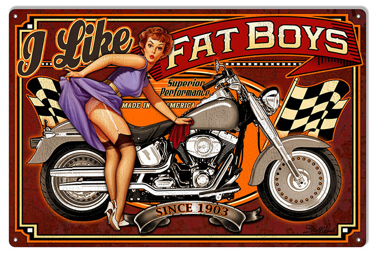 Motorcycle Pin Up Girl I Like Fat Boys Vintage Style Metal Sign 12 × 18