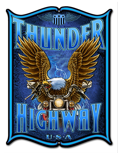Motorcycle With Eagle Thunder Highway Vintage Style Metal Sign 14 × 18