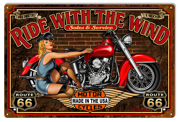 Motorcycle Pin Up Girl Route 66 Vintage Style Metal Sign 12 x 18
