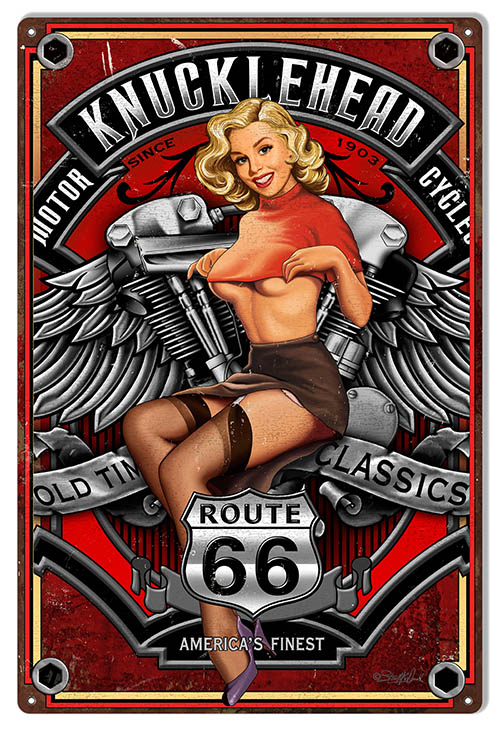 Route 66 Motorcycle Pinup Vintage Style Metal Sign 12 x 18