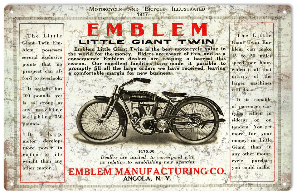 Emblem MFG. Little Giant Twin Motorcycle Vintage Style Metal Sign 8 x 14