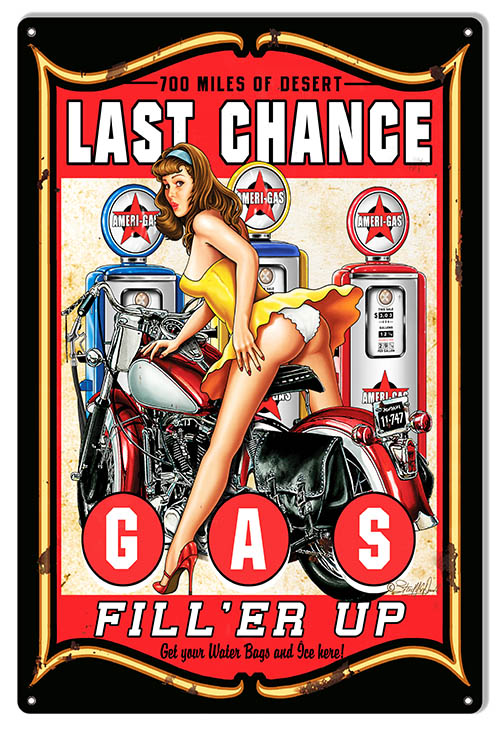 Pin Up Girl Last Chance Motorcycle Vintage Style Metal Sign 12 × 18