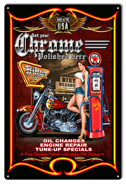 Pin Up Girl Chrome Polish Motorcycle Vintage Style Metal Sign 12 × 18