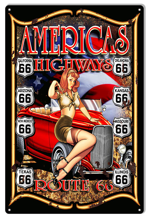 Route 66 Pin Up Girl Hot Rod 12×18