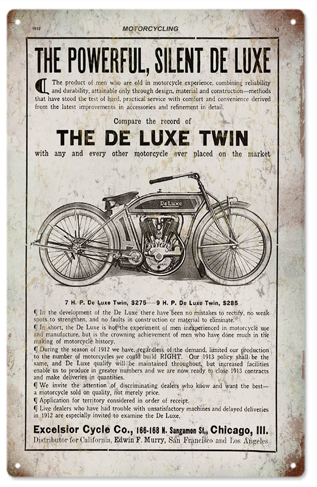 De Luxe Twin Motorcycle Vintage Style Metal Sign 8 × 14