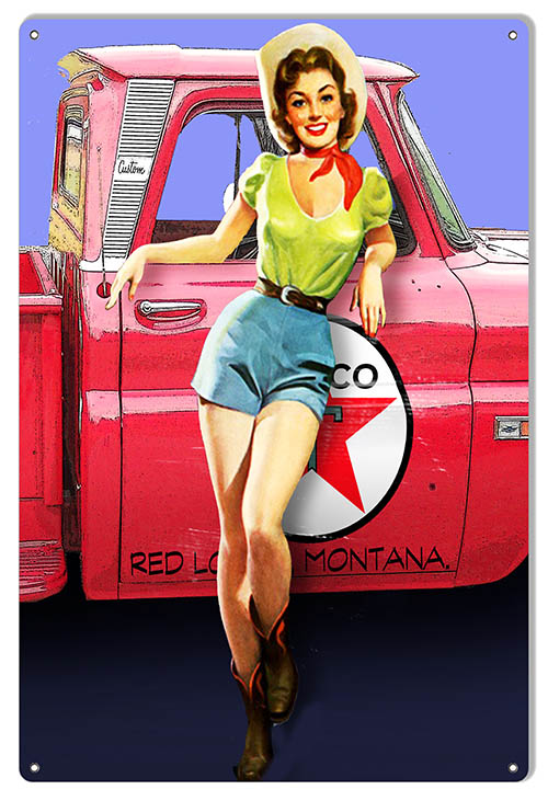 Texaco Red Truck Pin Up Girl Vintage Style Metal Sign 12 × 18