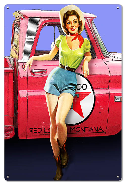 Texaco Red Truck Pin Up Girl Vintage Style Metal Sign 16 × 24