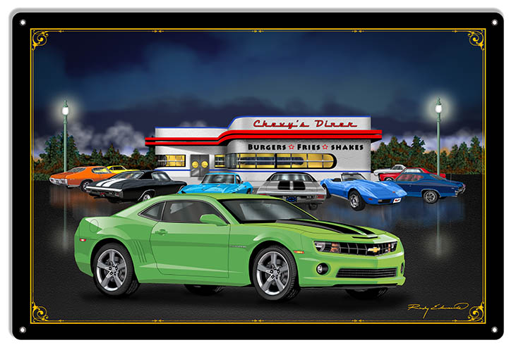 Chevys Diner Green Car 12×18