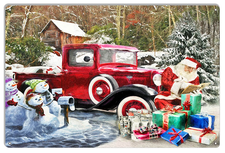 Ford With Santa Claus Vintage Style Metal Sign 12 × 18
