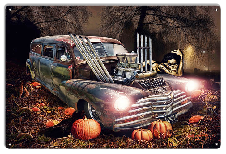 Rat Rod Hearse Halloween 12×18