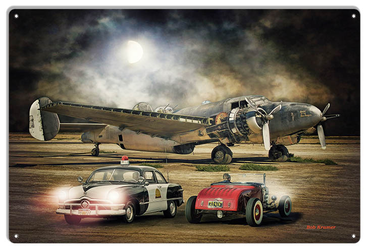 Airplane And Classic Cars Vintage Style Metal Sign 12 × 18