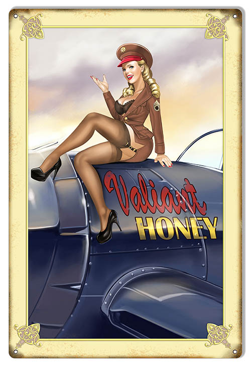 Pin Up Girl Valiant Honey Nose Art Aviation Vintage Style Metal Sign 12 × 18
