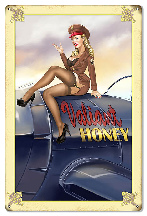 Valiant Honey Pin Up Girl Aviation Vintage Style Metal Sign 16 × 24