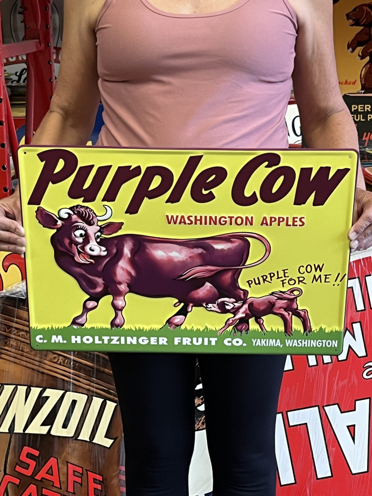 Purple Cow vintage tin tacker style metal sign embossed steel Made in USA