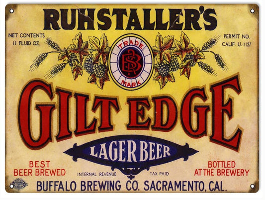 Ruhstallers Gilt Edge Lager Beer Vintage Style Metal Sign 9 × 12