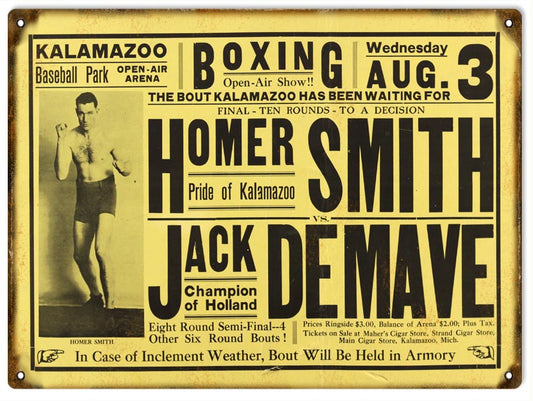 Homer Smith VS Jack DeMave Boxing Vintage Style Metal Sign 9 × 12
