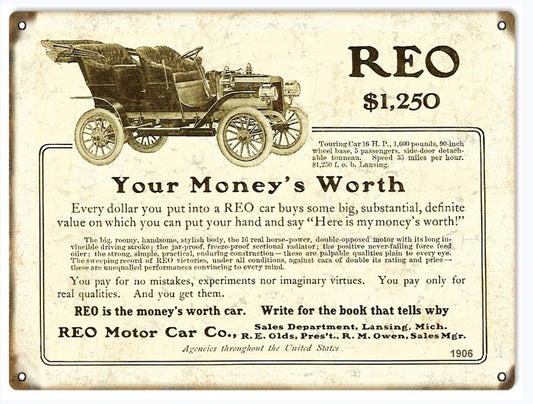 REO Motor Car Vintage Style Metal Sign 9 × 12
