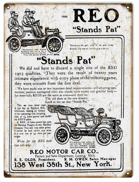 REO Stands Pat Automobile Vintage Style Metal Sign 9 × 12