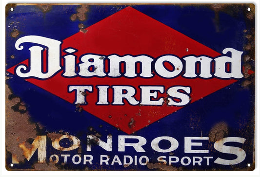 Diamond Tires Monroes Motors Radio Sport Vintage Style Metal Sign 16 x 24