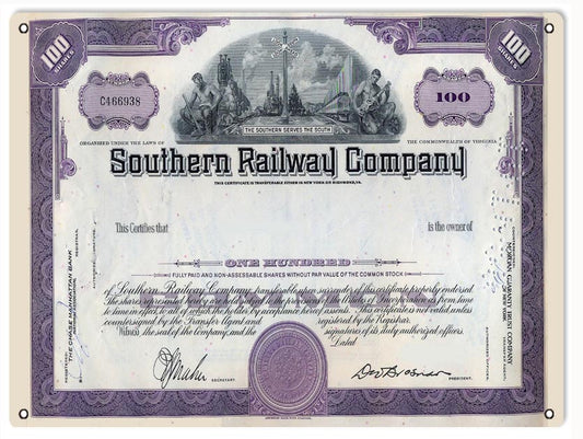 Southern Railways Stock Certificate Vintage Style Metal Sign 9 × 12