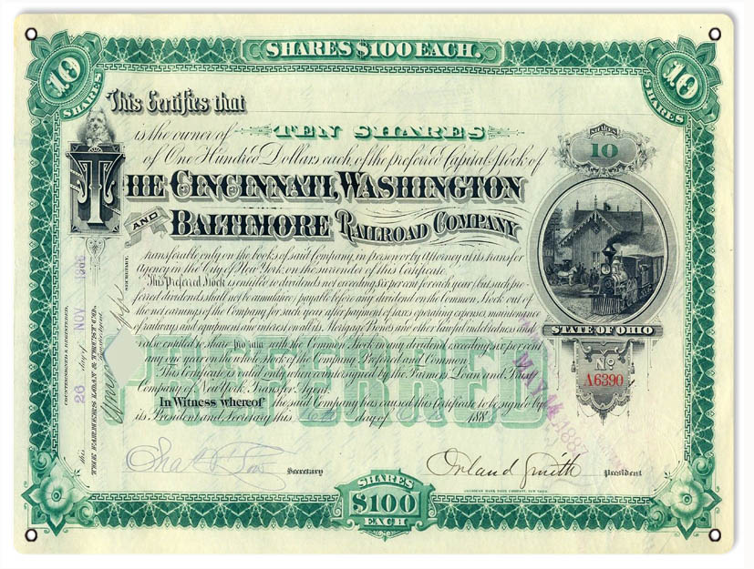 Cincinnati Washington Railroad Co. Stock 9×12