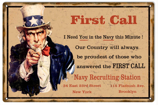 Uncle Sam Navy Recruiting Vintage Style Metal Sign 12 x 18