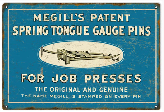 Megills Spring Tongue Gauge Pins Vintage Style Metal Sign 12 x 18
