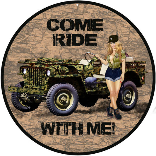 Ride With Me Jeep Pin Up Girl Vintage Style Metal Sign 14 x 14