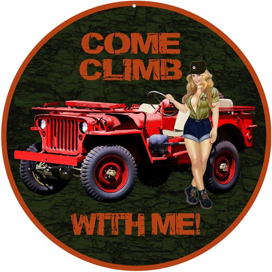 Red Climb With Me Jeep Pin Up Girl Vintage Style Metal Sign 14 x 14