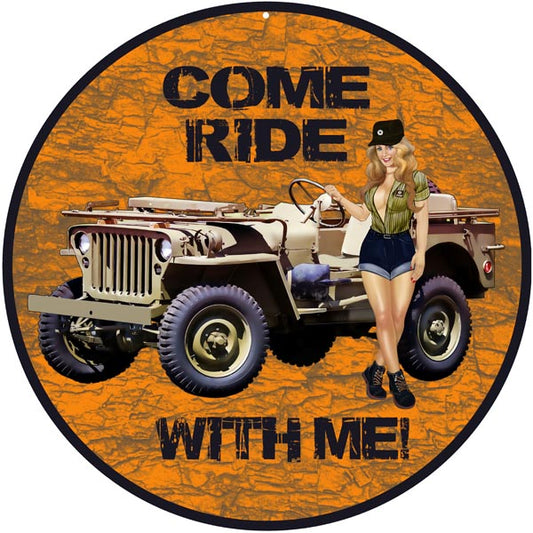 Orange Ride With Me Jeep Pin Up Girl Vintage Style Metal Sign 14 x 14