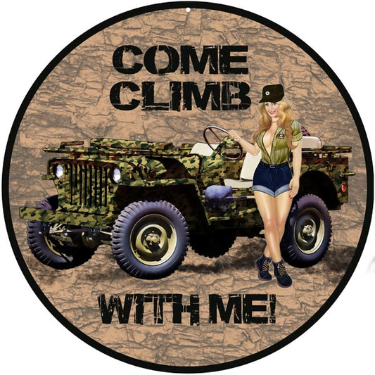 Climb With Me Jeep Pin Up Girl Vintage Style Metal Sign 14 x 14