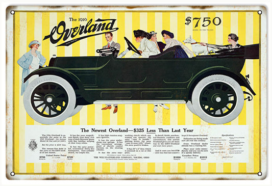 The 1916 Overland Automobile Vintage Style Metal Sign 12 x 18