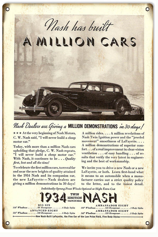 1934 Nash Vintage Style Metal Sign 12 x 18