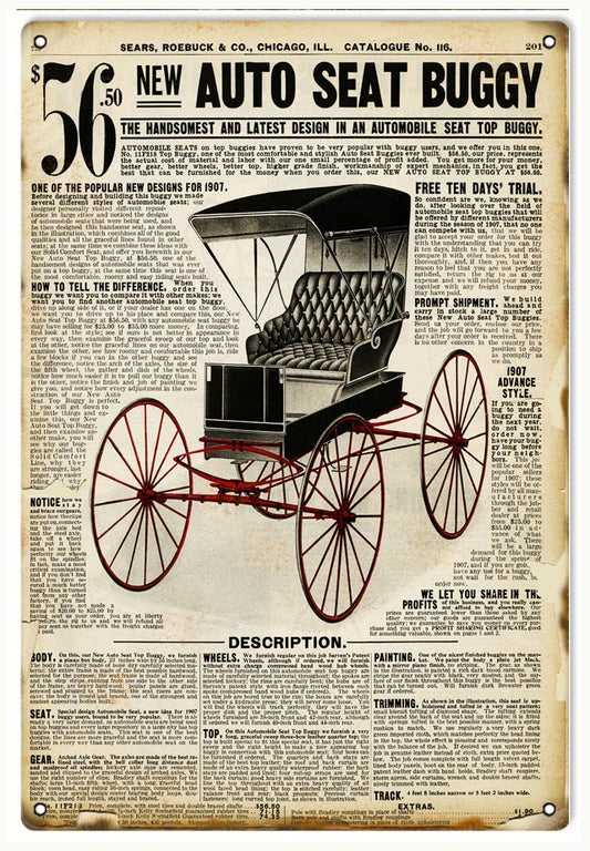 New Auto Seat Buggy Vintage Style Metal Sign 12 x 18