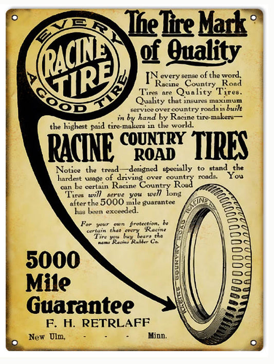 Racine Country Road Tires Vintage Style Metal Sign 9 × 12