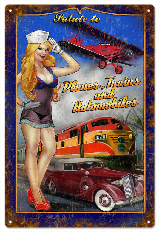 Planes Trains Pin Up Girl Vintage Style Metal Sign 16 x 24